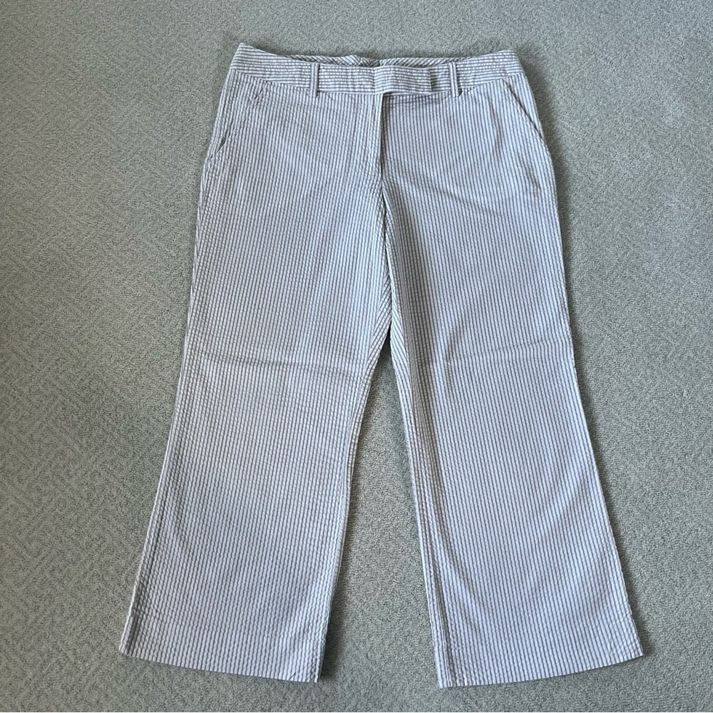 Garnet Hill Seersucker Capri Pants in Beige / Taupe Stripe
